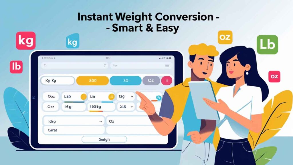 Illustration of a modern online Weight Converter Tool user interface displayed on laptop and smartphone screens, with surrounding weight unit icons like kilogram (kg), pound (lb), ounce (oz), and carat. Includes bold header text saying 'Free Weight Converter Tool – Convert Any Unit Instantly'. Ideal for tech utility blog design