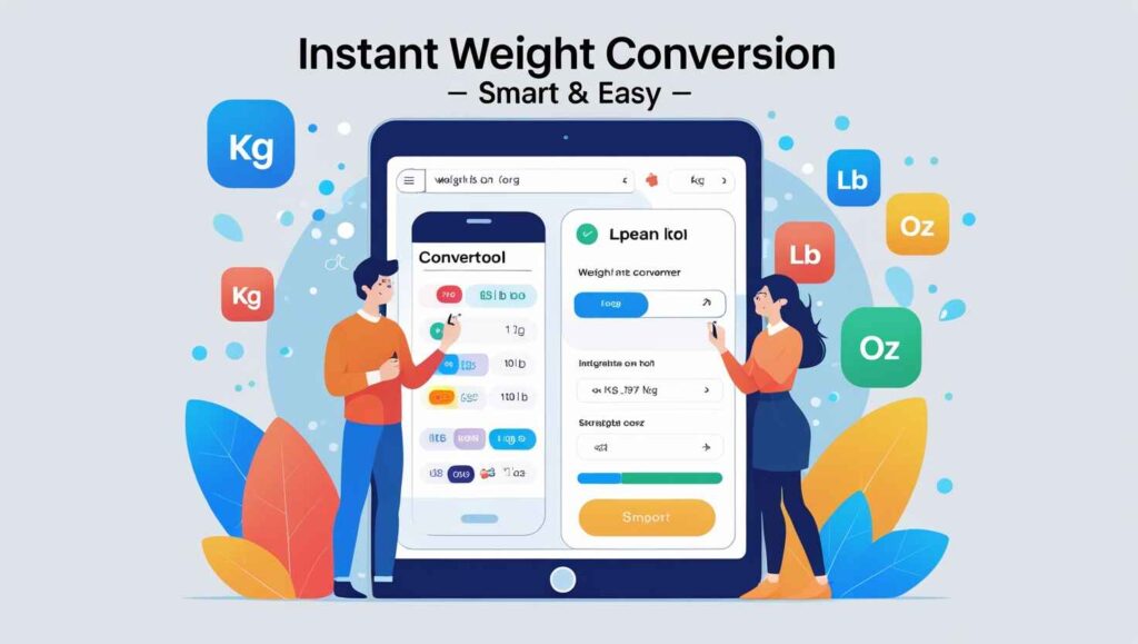 Illustration of a modern online Weight Converter Tool user interface displayed on laptop and smartphone screens, with surrounding weight unit icons like kilogram (kg), pound (lb), ounce (oz), and carat. Includes bold header text saying 'Free Weight Converter Tool – Convert Any Unit Instantly'. Ideal for tech utility blog design