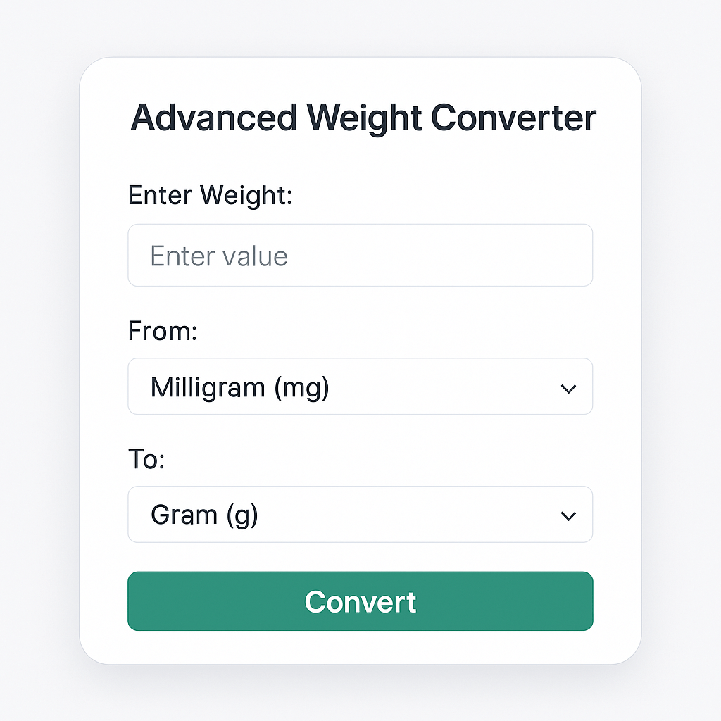 Modern user interface of a free online weight converter tool showing unit options like kilograms, pounds, ounces, grams, carats, and tons