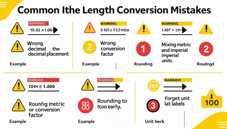 common-mistakes-to-avoid 1. Infographic illustrating common mistakes in length conversion, featuring examples and tips for accurate measurements.