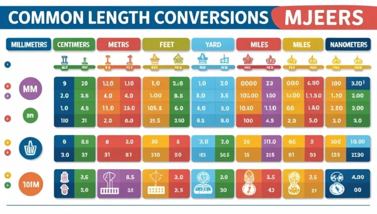 complete-length-conversion-table Chart displaying common length conversion factors between millimeters, centimeters, meters, feet, yards, miles, and nanometers using a color-coded grid—an easy reference for anyone learning how to convert length into meters.