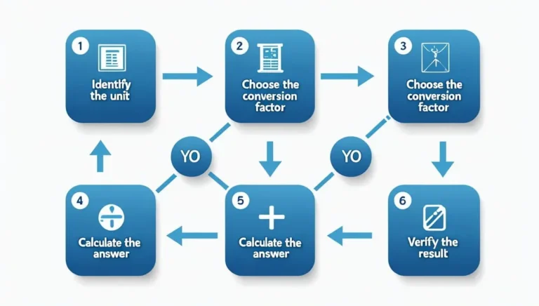 how-to-convert-length-into-meters Flowchart of a conversion process in six steps. Arrows guide from identifying the unit to choosing conversion factors, calculating, and verifying the answer.