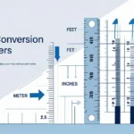 "Illustration showing how to convert length into meters conversions with rulers and graphs. Includes labels for feet, inches, and meters, with blue arrows and lines."