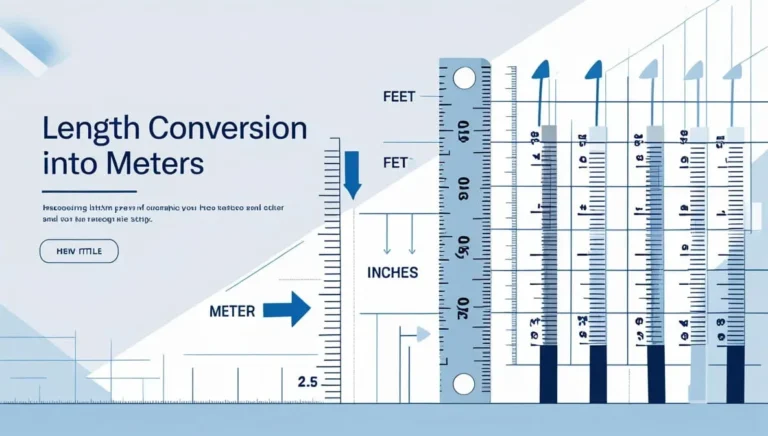 how-to-convert-length-into-meters "Illustration showing How to Convert Length Into Meters conversions with rulers and graphs. Includes labels for feet, inches, and meters, with blue arrows and lines."
