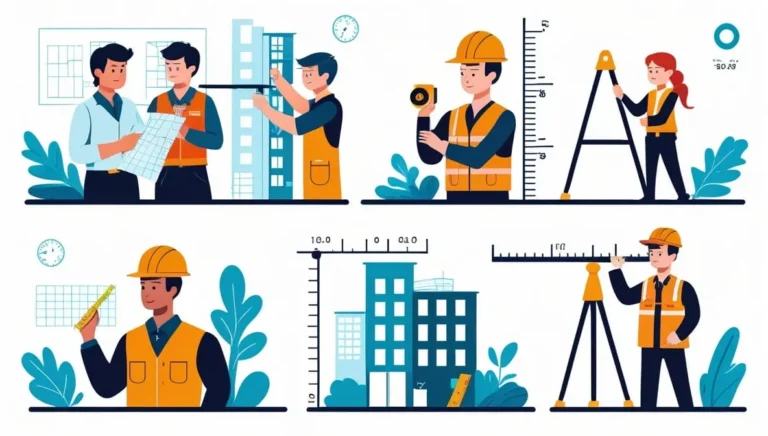 industry-applications Illustration of architects and engineers working with blueprints, measurement tools, and surveying equipment in various construction and design scenarios.
