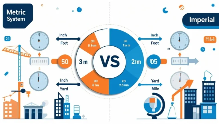 metric-vs-impericla-system Comparison infographic of the Metric System and Imperial System. Displays conversion charts with symbols like cranes and buildings, highlighting differences in units.