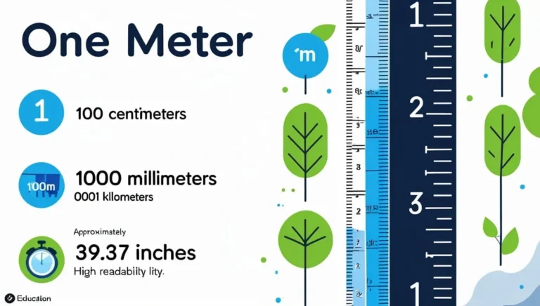 what-is-meter How to Convert Length Into Meters Infographic showing conversions of one meter: 100 centimeters, 1000 millimeters, and approximately 39.37 inches. Features rulers and leaf graphics.