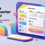 Colorful 3D interface of an Area Converter Tool showing input and output sections for converting different area units like square feet, acres, and others, with the tagline 'Convert Area Instantly & Accurately'