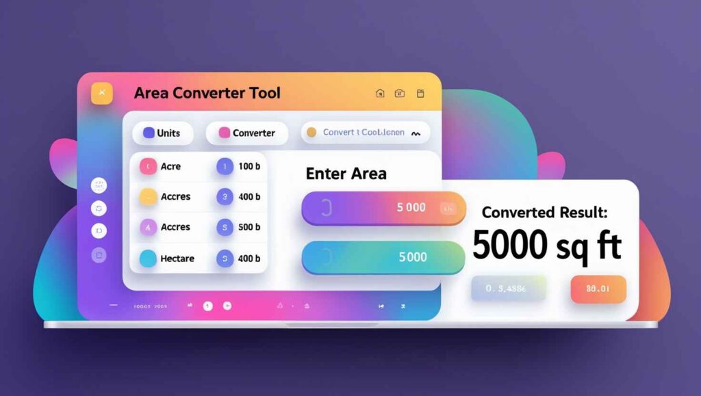 Modern 3D-styled interface of an Area Converter Tool displaying area unit options like acre, hectare, and accres, with input fields and a converted result of 5000 sq ft on a vibrant, gradient background.