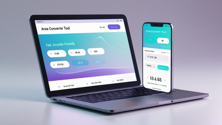 Area Converter Modern Area Converter Tool displayed on a laptop and smartphone with a sleek gradient interface. The screen features input and output fields for various area units, emphasizing a user-friendly, mobile-responsive, and fast conversion experience