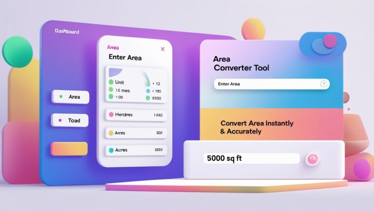 Area Converter Colorful 3D-style user interface of an Area Converter Tool featuring a dashboard with input fields for area values in square feet, hectares, and acres. The design highlights a modern, vibrant layout with a 'Convert Area Instantly & Accurately' message and rounded UI elements.