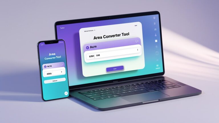 Area Converter A sleek, modern mockup displaying an "Area Converter Tool" application on both a laptop and a smartphone. The laptop is open and angled to the right, showcasing the app's interface with a vibrant purple and blue gradient, input fields for "Acre," and numerical values. A smartphone stands vertically to the left of the laptop, mirroring the same app screen. The devices rest on a light, clean surface with soft, natural lighting casting subtle shadows, creating a professional and contemporary aesthetic.