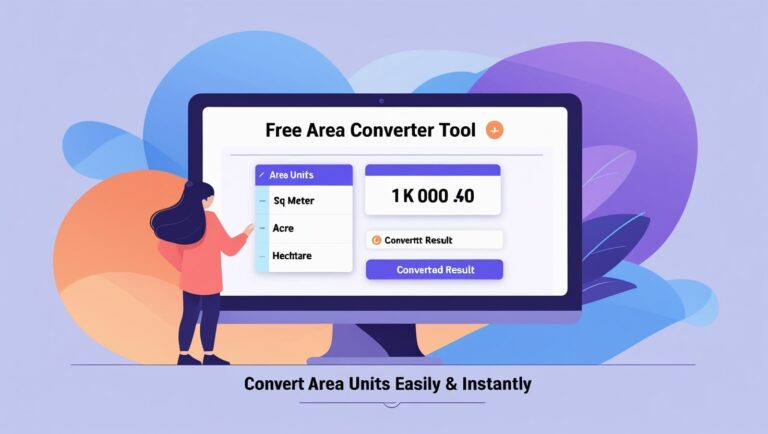 Area Converter An illustration of a "Free Area Converter Tool" displayed on a computer monitor. A stylized woman with long dark hair, wearing a pink top and dark pants, stands to the left of the monitor, appearing to interact with the screen. The converter tool shows options for "Sq Meter," "Acre," and "Hectare" under "Area Units," and a large display showing "1 K 000 .40". Below the tool, text reads "Convert Area Units Easily & Instantly." The background features abstract, colorful, leaf-like shapes in shades of blue, purple, and orange.