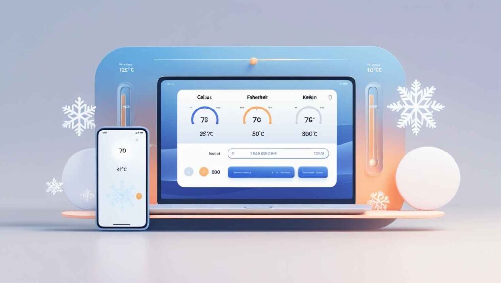 Illustration of diverse users including a student, scientist, traveler, and chef using a temperature conversion tool on different devices with Celsius, Fahrenheit, and Kelvin units.