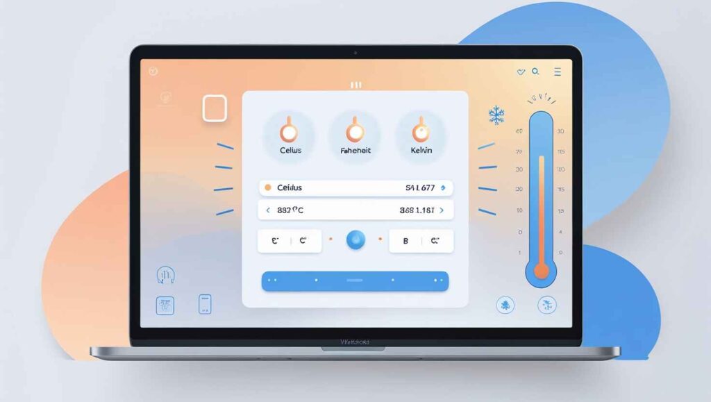 Illustration of diverse users including a student, scientist, traveler, and chef using a temperature conversion tool on different devices with Celsius, Fahrenheit, and Kelvin units.