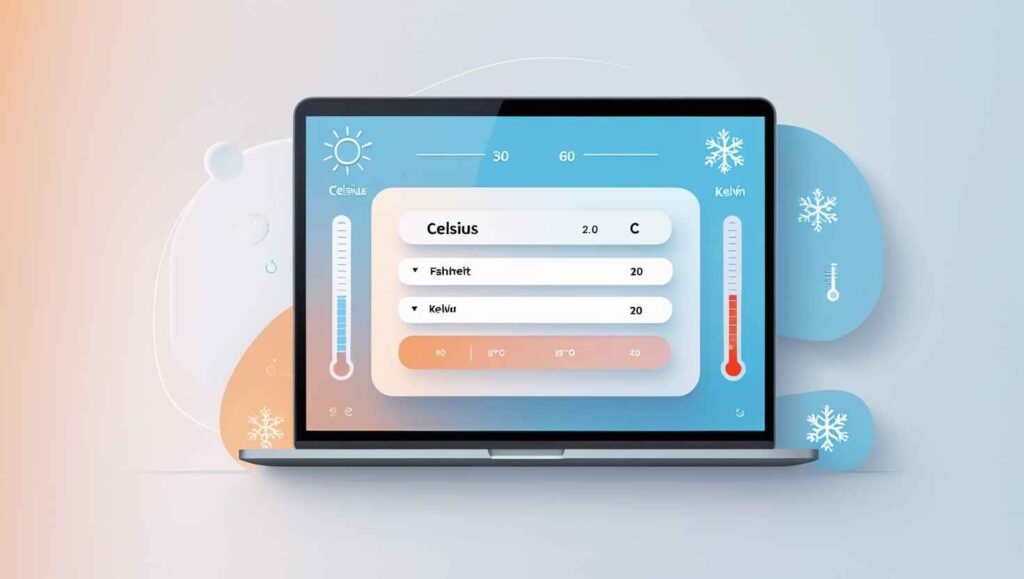 Illustration of diverse users including a student, scientist, traveler, and chef using a temperature conversion tool on different devices with Celsius, Fahrenheit, and Kelvin units.