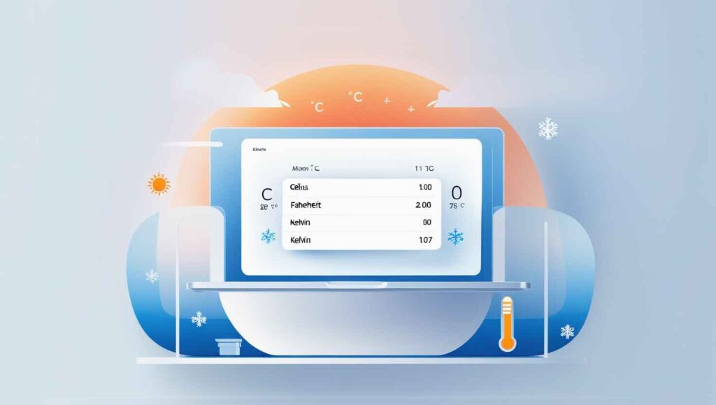 Illustration of diverse users including a student, scientist, traveler, and chef using a temperature conversion tool on different devices with Celsius, Fahrenheit, and Kelvin units.
