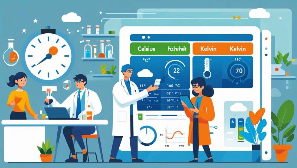 Responsive temperature converter interface on desktop, tablet, and mobile devices, showing Celsius, Fahrenheit, and Kelvin units with a modern flat UI design and clean gradient background.