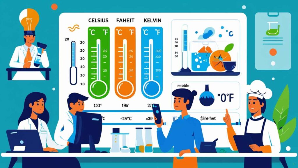 Responsive temperature converter interface on desktop, tablet, and mobile devices, showing Celsius, Fahrenheit, and Kelvin units with a modern flat UI design and clean gradient background.