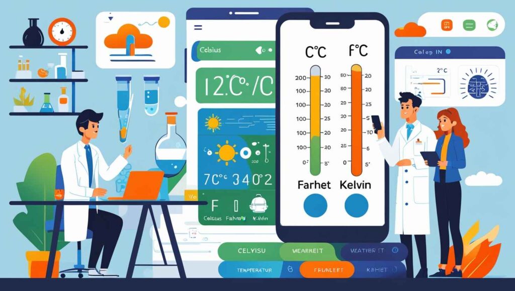 Responsive temperature converter interface on desktop, tablet, and mobile devices, showing Celsius, Fahrenheit, and Kelvin units with a modern flat UI design and clean gradient background.