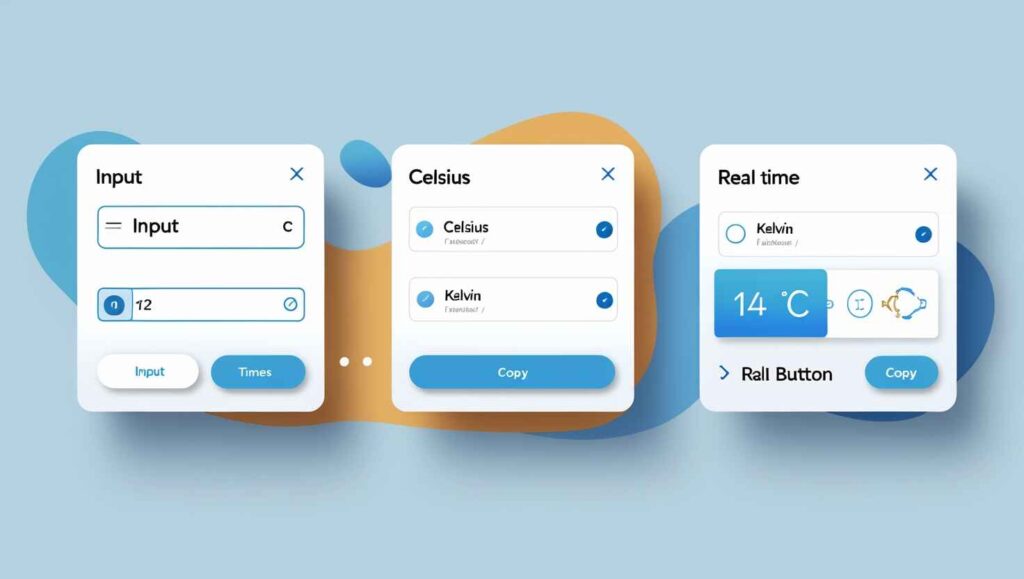 Step-by-step digital interface of a Degree Converter Tool showing temperature input, unit selection, and real-time output with copy option in a sleek, minimalist web layout