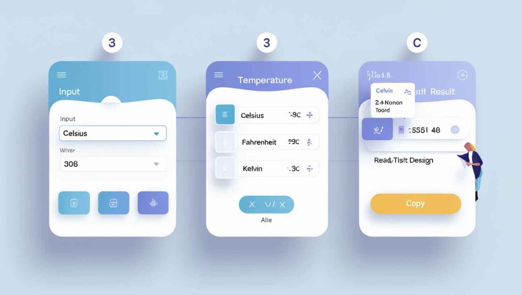 Step-by-step digital interface of a Degree Converter Tool showing temperature input, unit selection, and real-time output with copy option in a sleek, minimalist web layout
