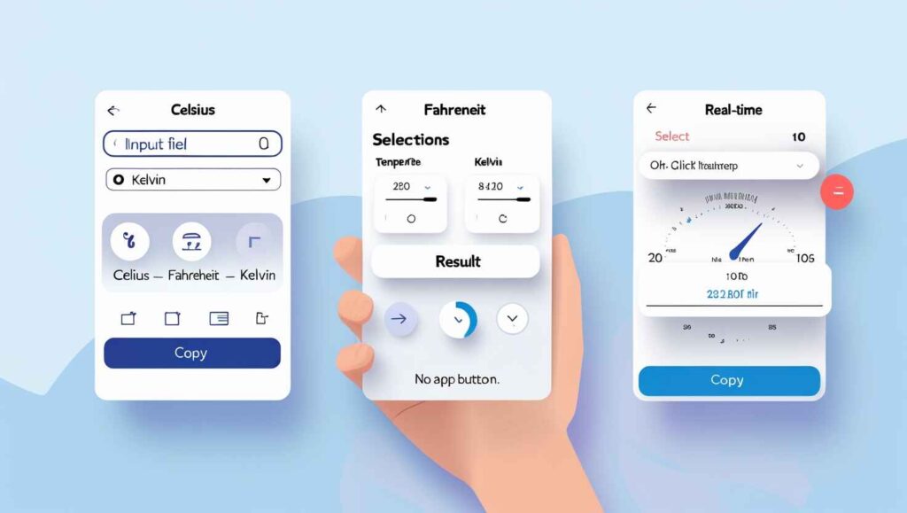 Step-by-step digital interface of a Degree Converter Tool showing temperature input, unit selection, and real-time output with copy option in a sleek, minimalist web layout