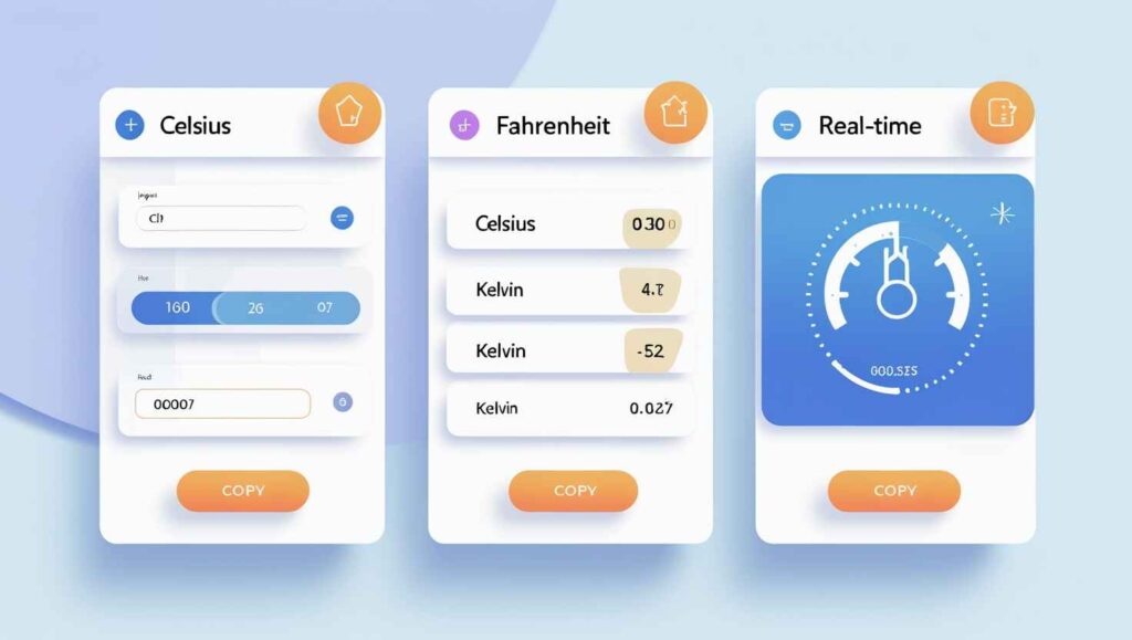 Step-by-step digital interface of a Degree Converter Tool showing temperature input, unit selection, and real-time output with copy option in a sleek, minimalist web layout