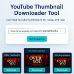 Screenshot of a YouTube Thumbnail Downloader Tool webpage with a modern design, featuring an input field for video URLs, a 'Get Thumbnails' button, and preview sections for 1080p, 4K, and 720p thumbnails, each with a green download button below.