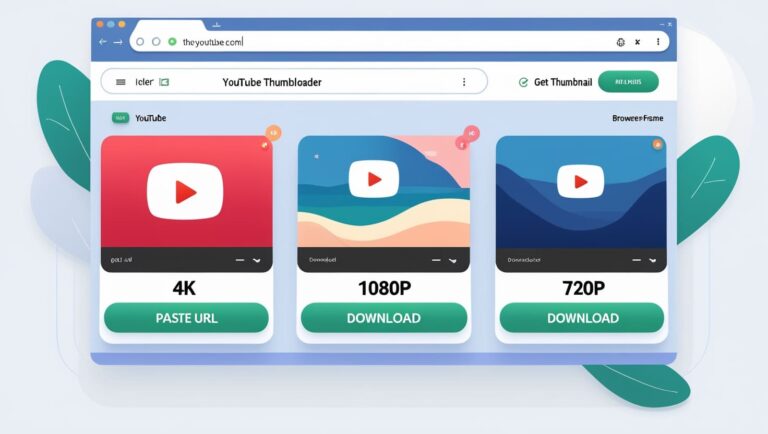 YouTube Thumbnail Downloader A web browser tab shows a YouTube downloader interface with three video quality options: 4K, 1080P, and 720P. Each has a green download button.
