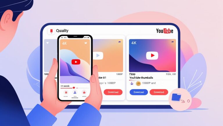 YouTube Thumbnail Downloader Illustration of a person holding a smartphone showing a YouTube video thumbnail, mirrored on a tablet. The theme is colorful and tech-focused, conveying ease in media access.