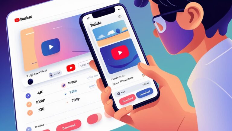 YouTube Thumbnail Downloader Illustration of a person holding a phone, browsing a YouTube download app. Colorful interface with video quality options and download buttons.