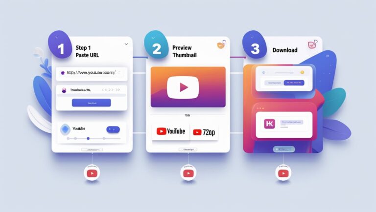 YouTube Thumbnail Downloader Three-step infographic for downloading YouTube videos: 1. Paste URL, 2. Preview thumbnail, 3. Download. Features vibrant colors and playful elements.