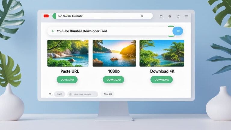 YouTube Thumbnail Downloader How to use YouTube Thumbnail Downloader Tool A computer monitor displays a YouTube thumbnail downloader tool with options to paste a URL and download images in 1080p or 4K. Tropical landscape thumbnails are shown on the screen.