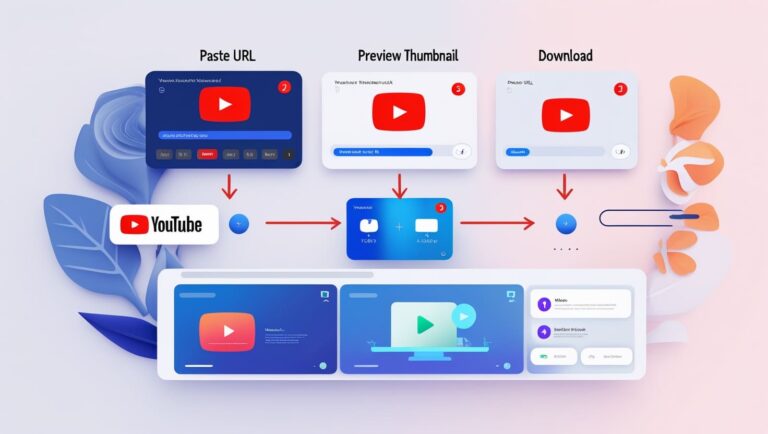 YouTube Thumbnail Downloader Flowchart depicting three steps for downloading YouTube videos: Paste URL, Preview Thumbnail, and Download. Includes colorful leaves and arrows.