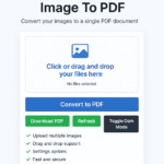User interface for converting images to PDF. Features include drag-and-drop, "Convert to PDF" button, download, refresh, dark mode, and upload tips.