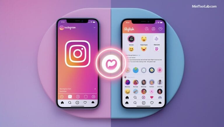 instagram fonts generator Instagram Fonts Generator Two smartphones side by side feature Instagram and another social media app, Stylish. A glowing heart icon connects them. Background is a vibrant pink and blue gradient.