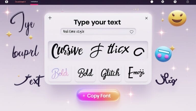 instagram fonts generator Instagram Fonts Generator A graphic interface for selecting text styles like cursive, bold, and emoji, with glowing sparkles and emojis on a pastel background. A "Copy Font" button is at the bottom.