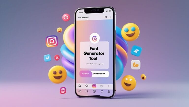 instagram fonts generator Instagram Fonts Generator Smartphone displaying "Font Generator Tool" on screen, surrounded by smiling emojis and social media icons. Background features colorful abstract shapes.