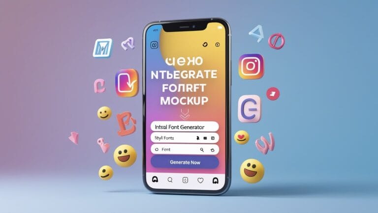 instagram fonts generator Instagram Fonts Generator Smartphone with a colorful gradient screen displaying a font generator app. Surrounding are 3D letters, emojis, and app icons on a blue background.