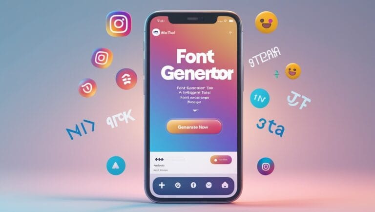 instagram fonts generator Instagram Fonts Generator A smartphone displays a colorful "Font Generator" app interface with a gradient background. Surrounding the phone are various social media icons and playful emoji, conveying a lively and creative tone.