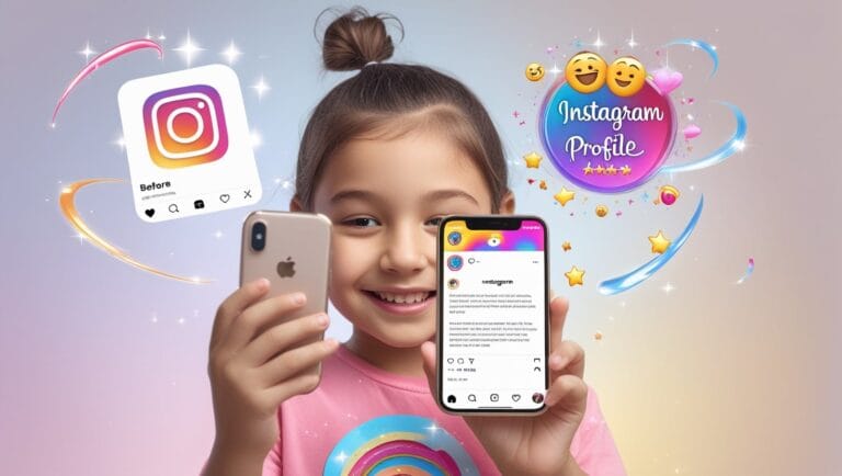 instagram fonts generator Instagram Fonts Generator A smiling young girl holds a smartphone displaying an Instagram profile on the screen. Colorful emojis, stars, and a vibrant "Instagram Profile" text surround her, conveying a playful and cheerful mood.