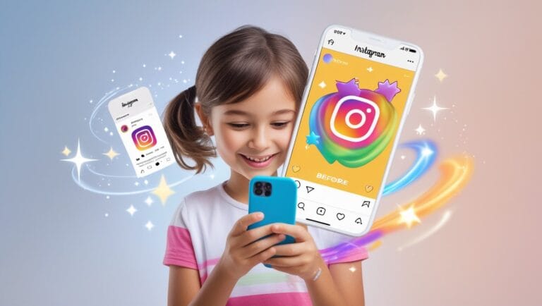 instagram fonts generator Instagram Fonts Generator Smiling girl holding a smartphone with Instagram graphics floating around, featuring vibrant colors and sparkles, conveying a joyful digital experience.