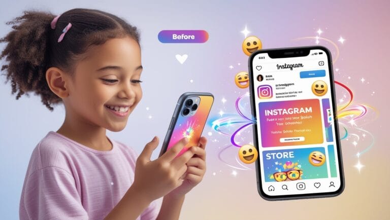instagram fonts generator Instagram Fonts Generator A smiling girl holds a colorful smartphone, which displays emojis and vibrant graphics. A larger phone screen shows an Instagram page, radiating excitement.