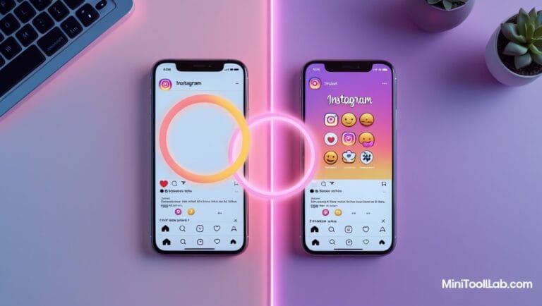 instagram fonts generator Instagram Fonts Generator Two smartphones displaying Instagram apps are side-by-side on a pink and blue background. Glowing rings overlap at the center, with a keyboard and succulents nearby.