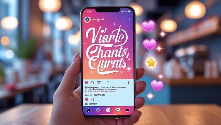 instagram fonts generator Instagram Fonts Generator Hand holding smartphone displaying vibrant Instagram post with stylized text on pink background; hearts and a star emoji float beside it. Cozy café ambiance.