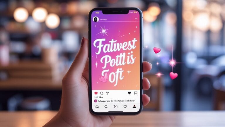 instagram fonts generator Instagram Fonts Generator A hand holding a smartphone displaying an Instagram post with colorful gradient background and decorative text. Surrounding are sparkles and heart icons, creating a joyful, social atmosphere.