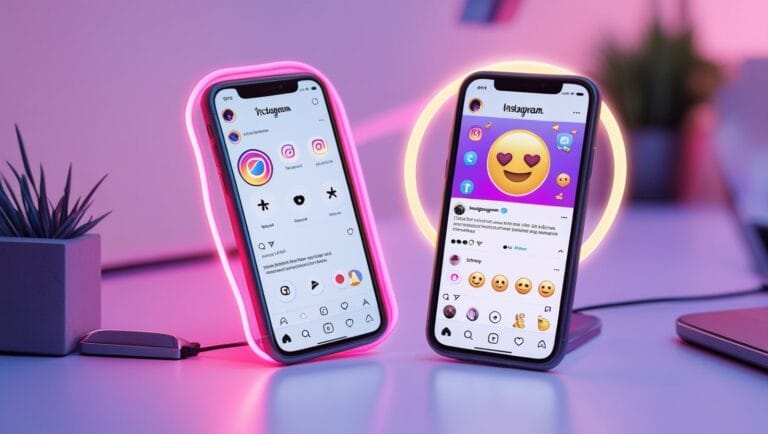 instagram fonts generator Instagram Fonts Generator Two smartphones display Instagram interfaces, surrounded by neon pink and yellow lights. A succulent and laptop add a modern, vibrant touch.