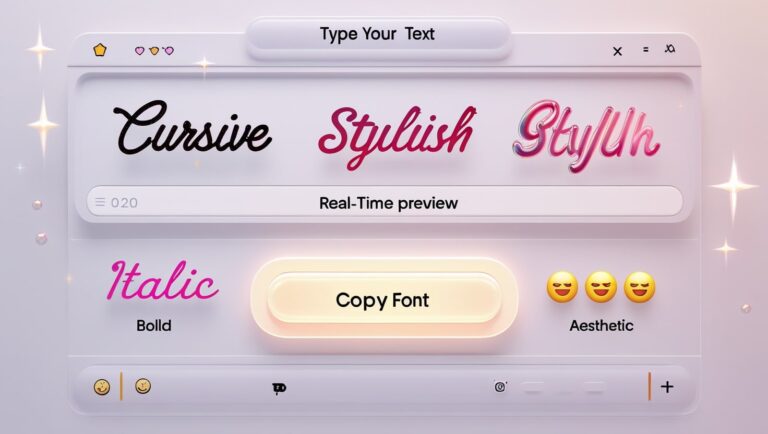 instagram fonts generator Instagram Fonts Generator User interface showcasing various font styles: Cursive, Stylish, Italic. Includes buttons for preview and copying fonts. Decorated with glowing accents.