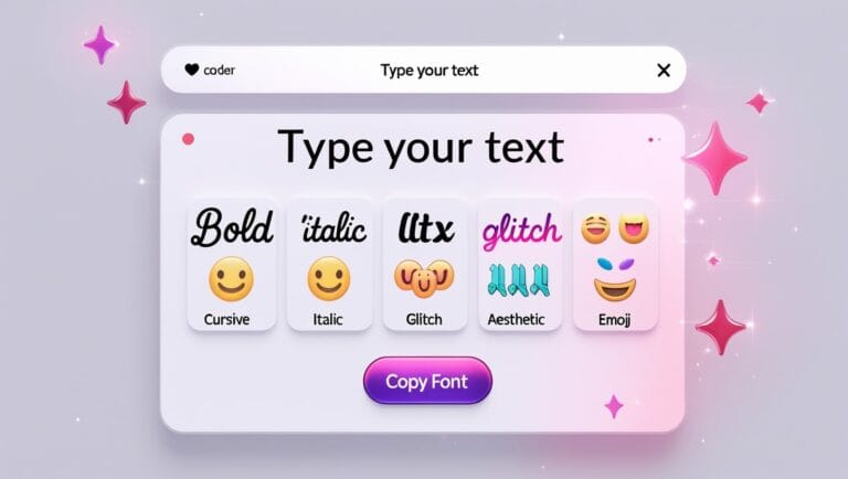 instagram fonts generator Instagram Fonts Generator Text design interface with options: Bold, Italic, Glitch, Aesthetic, Emoji, featuring colorful icons. Pink stars surround the “Copy Font” button.